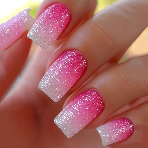 Pink Ombre Press on Nails Medium Square Fake Nails with Glitter Designs White Nails Press ons Cute Glue on Nails Acrylic False Nails Gradient Stick on Nails for Women 24Pcs - color: Glitter Designs