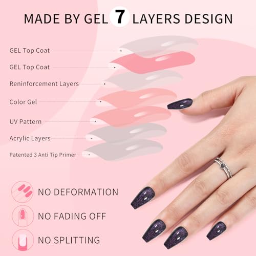 Cat Eyes Press On Nails,12 Sizes - 24 Pcs Soft Gel Dark purple Medium Coffin Fake Nails Kit with Nail Glue,Reusable Stick On False Nails for Women and Girls (Skycloud Cateye Dark purple) SK0705 - color: SK0705-Fuchsia