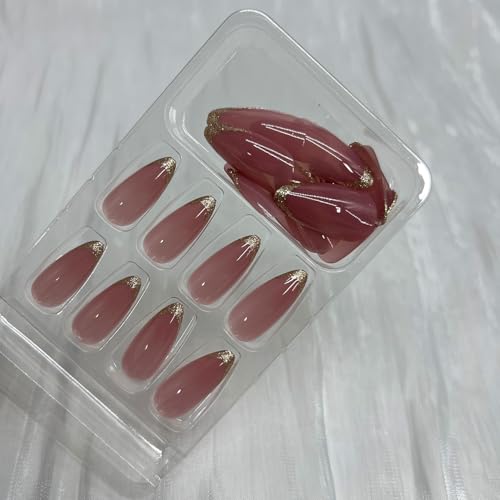 Gold Glitter French Tip Press on Nails Medium Almond Fake Nails Glossy Nude Base Acrylic Glue on Nail Full Cover Artificial Nail for Women Holiday Party Daily Wear 24 Pcs - color: Gold Glitter