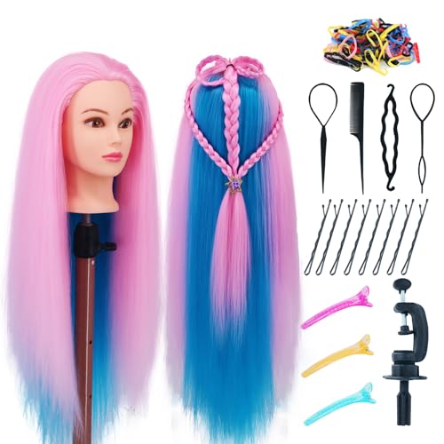 Eumos Mannequin Head with Hair 29'' Cosmetology Doll Head for Hair Styling - color: Pink Blue