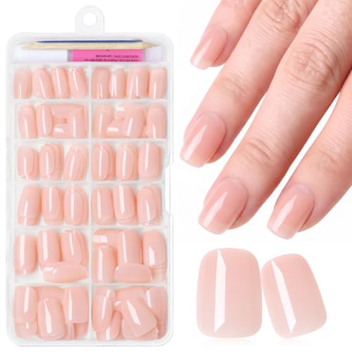 Short Pink Press on Nails Square Fake Nails Press ons Pink Glue Nails-A - color: Nude Pink