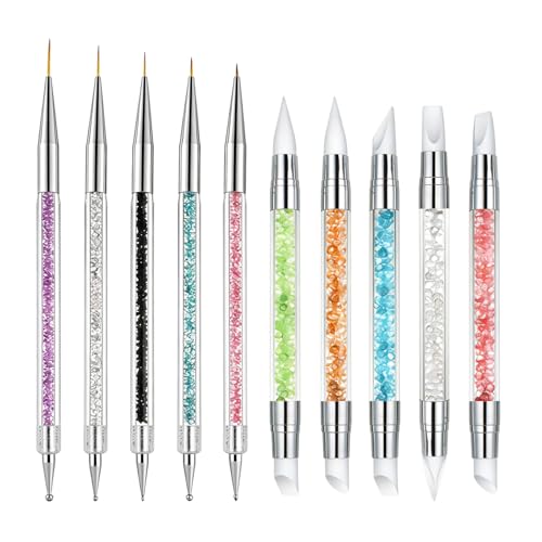 10Pcs Nail Art Brushes Set, AIBEE 5pcs Silicone Nail Tools & 5pcs Nail Liner Brushes with Dotting Tools for Nail Design Home Salon