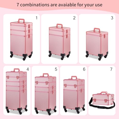 Rolling Makeup Case, Makeup Train Case with Lid, 5 in 1 Cosmetology Case on Wheels, Christmas Gift, Large Makeup Case Organizers, Profesional Cosmetic Case for Salon Barber, Pink - color: Pink