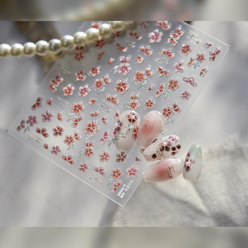 1 Sheet 5D Embossed Flower Nail Art Stickers Self-Adhesive Spring Summer Cherry Blossom Nail Decals Floral Nail Art Stickers Cherry Blossoms Nails Supplies Shiny Ombre Floral Nails Art Decoration - style: gradient peach blossom