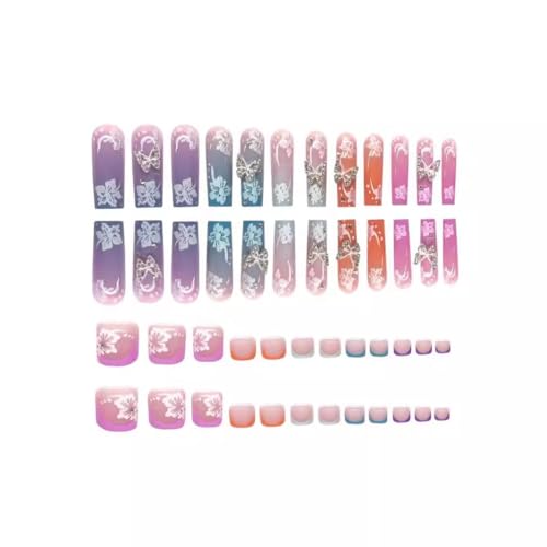 CTTHNBD Press on Nails Long Square & Fake Toenails Set, Flower Butterfly Charms Design - Spring Press on Toe Nails for Women - 48 Pcs - color: Ombre Pink