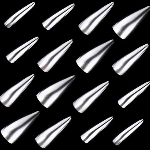 MISUD Press on Nails - Long Stiletto Glue on Nails with Silver Chrome, Acrylic Metallic Design 24 pcs - color: 06104Silver