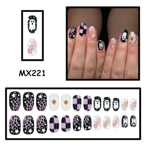 Halloween Press on Nails BOO Cute Ghost Checkerboard Web Flower - color: BOO Halloween