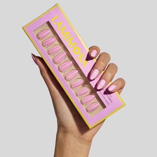 LAMIMOSA 32Pcs White Striped Pink Press On Nails Short Almond, CANDY - color: CANDY