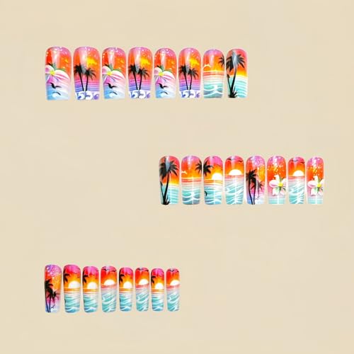 Beach Press on Nails Medium Length Fake Nails Summer False Nails Full Cover Hawaii Style with Glitter designs Acrylic Nails Gel Glue on Nails for Women Square Stick on Nails Decor 24pcs - color: style11