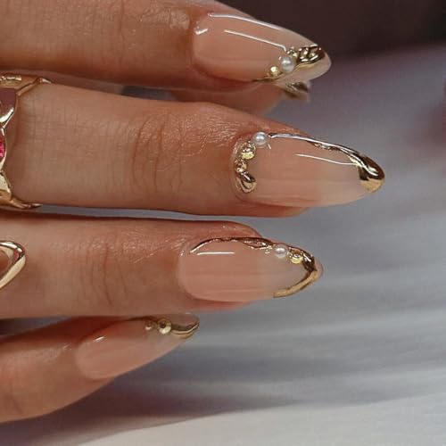 CTTHNBD Press on Nails Almond, Medium, French Tip Fake Nails - color: Chrome Gold