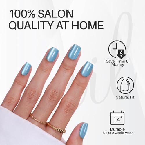 SHANGMENG Press on Nails, Square Short Aqua Blue Cat Eye Nails, Soft Gel - color: Lake Shimmer