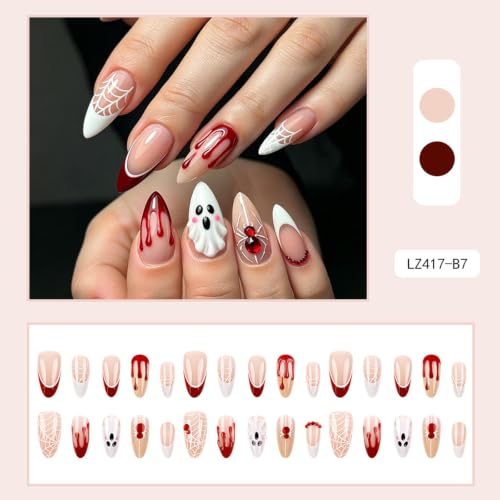 Halloween Press On Nails Almond Fake Nails Medium False Nails - color: Style C013, size: Medium