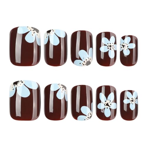 Dark Red Press on Nails Short Square Fake Nails Blue Flower False Nails - color: Style33