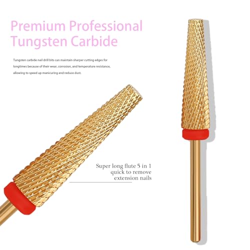 Super Long 5 in 1 Nail Drill Bits, Professional 3/32'' Carbide Tungsten Two Way Rotary Advanced Safety Bits, Fast Remove for Manicure Pedicure Cuticle Acrylic Nails (Gold, Fine-F) - color: Gold, size: Fine-F