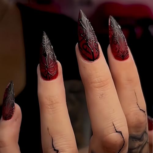 Halloween Press on Nails Red Black Gradient False Nail Medium Almond Fake Nails Designs Halloween Goth Acrylic False Nails Full Cover Reusable Stick on Nail for Women DIY Manicuare 24 Pcs - color: Halloween Style 017