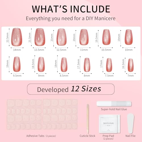 Skycloud Orange Cat Eyes Press On Nails - 24 Pcs Soft Gel Medium Coffin False Nails Kit with Nail Glue, Reusable Stick On Nails for Women and Girls (SK0859) - color: SK0859-Orange