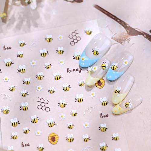 1 Sheet Flower Nail Art Stickers 5D Embossed Cute Bee Nails Decals Spring Daisy Bee Design Summer Bees Floral Nail Designs Accessories Cute Floral Bees Nail Supplies for Women DIY Manicure Decorations - style: bee