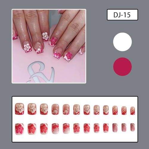 RTKHFZE Short Press on Nails French Tip Nails Press Ons Square Fake Nails with Pink and white Floral Designs False Nails Full Cover Acrylic Nail for Women and Girls 24Pcs - color: style015
