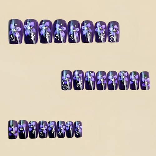 24pcs Purple Press on Nails Medium Length Square Fake Nails Spring Stick on Nail with Floral designs Acrylic False Nails Full Cover Reusable Summer Glue on Nails for Women Finger Manicure - color: s25