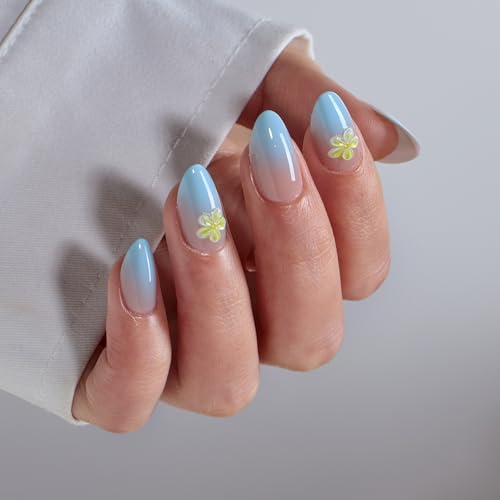 BTArtbox Press On Nails, Short Almond Blue Fake Nails, 32Pcs Full Kit - color: A1-Garden Party