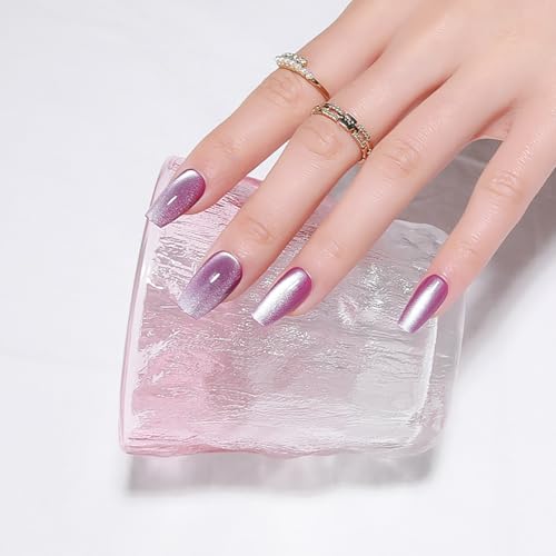 Purple Medium Press On Nails, Cat Eye Coffin Press On Nails, Crystal Glow Design, Ice Glossy Gel Purple Fake Nails, Reusable Acrylic Stick On Nails for Women - color: C0-Moonlit Amethyst