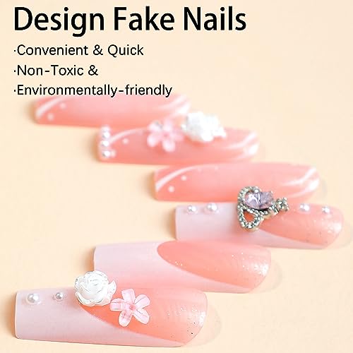 Square Press on Nails Medium - White French Tip Extra Long Fake Nails Press ons,24 Pcs Flower Pearl Charms Design Glue on Nails Pink Acrylic Nails Glossy Full Cover False Nail For Women - color: Flower Pearl Charms