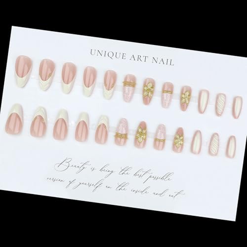 Press On Nails Medium Almond Fake Nails Shite Lace With Gold Flower Design False Acrylic Nails Gold Pearl Nail Press Ons Glossy French Reusable Glue On Nails For Women - color: Design-21