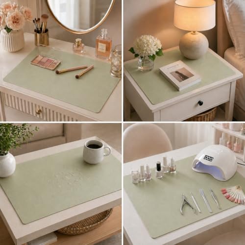 Leather Nightstand Mat for Bedside Table, Waterproof Vanity Desk and Nail Table Mat, Non-Slip Dresser Top Cover for Makeup, Perfume and Daily Essentials(Green, 23.6"*15.7") - color: Green, size: 23.6" x 15.7"