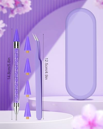 Difenni Rhinestone Picker Tool, Wax Pencil for Rhinestones Tool, Dual-Ended DIY Nail Bedazzling Tools with 4 Extra Purple Replaceable Wax Head and 1 Tweezer(Purple) - color: Purple B