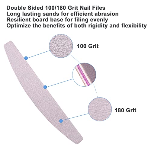 Nail Files (100 Pcs), 100/180 Grit Nail File Emery Board Bulk for Acrylic Nails and Natural Nails, Limas para Unas Acrilicas Profesional Pack Filers for Gel Nail Double Sided Manicure Curved Gray - size: 100 Pcs Halfmoon 100/180 Grit