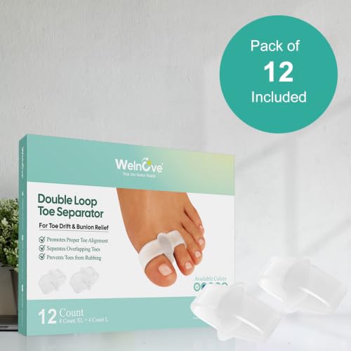 Welnove Pack of 12 Bunion Corrector, Toe Separators with 2 Loops, Big Toe Spacer Suitable for Bunion and Overlap Toe (Clear, Multi Size)
