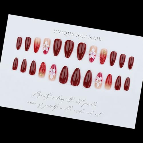 RUOKEXIN Almond Press on Nails French Tip Fake Nails Orange Ombre False Nails with 3D Flower Designs Medium Nail Press ons Sparkly Artificial Nails for Women 24Pcs - color: Almond Style 11-15