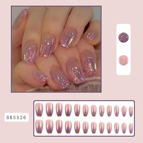 Short Press on Nails Square,RTKHFZE Glitter Fake Nails Glossy Nude False Nails Full Cover Acrylic Stick on Nail 24Pcs Nails Press ons for Women - color: Short Press on Nails Square