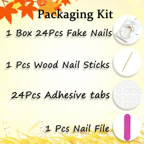 Fall Floral Press On Nails Medium Almond False Nails Autumn Orange Flower Acrylic Nails with Rhinestones Design French Tip Full Cover Stick On Nails Reusable Artificial Nail Set for Women 30Pcs - color: special Fall Floral-19