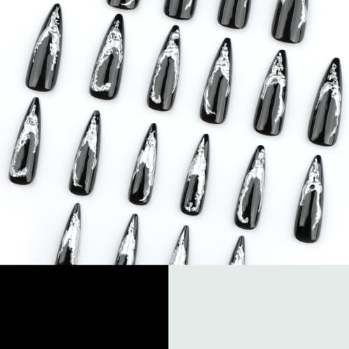 Gothic Black Press on Nails Long Stiletto - 3D Silver - color: Style-25