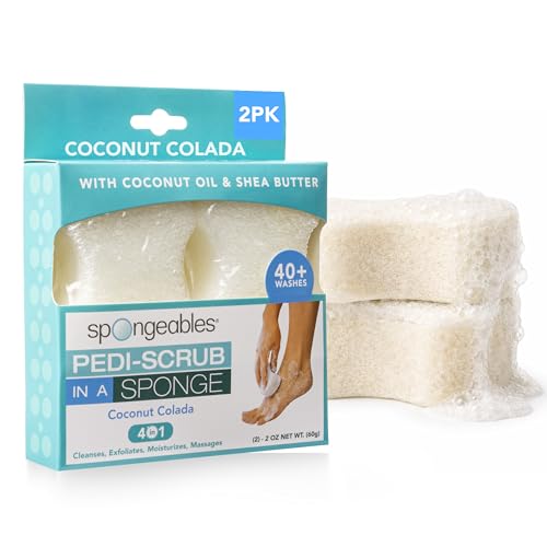 Spongables Pedi Scrub Foot Exfoliating 5+ Wash Travel Sponge, Coconut Colada, 2 Count - color: Coconut Colada, size: 1 Count (Pack of 2)