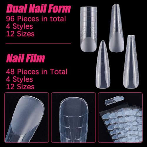 NICENEEDED 144 PCS Dual Nail Forms Set, 4 Style 12 Size, Clear