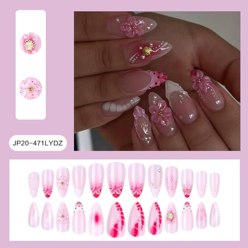 Summer Spring Press On Nails Medium Almond Fake Nails Pink Flower False Nails With Gold Shell White Pearl Design Reusable Acrylic Nail Press Ons Glossy Stick On Nails For Women 24Pcs - color: Design-25