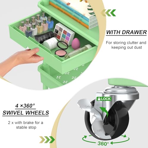 Goovilla 4 Tier Rolling Utility Cart Organizer with Removable Drawer, Green - size: 4 Tier, style: Green