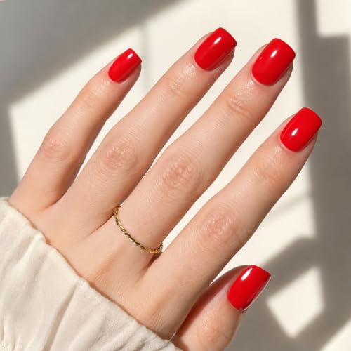 Red Press On Nails - Classic Red Short Square Fake Nails - color: 4B - ClassicRed