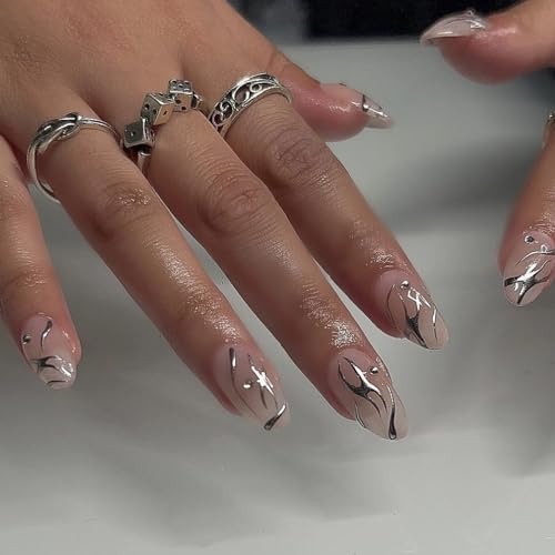 MISUD Press on Nails - Medium Almond Glue on Nails with Silver Chrome, Acrylic 3D Pearl Design 24 pcs - color: 11206Silver