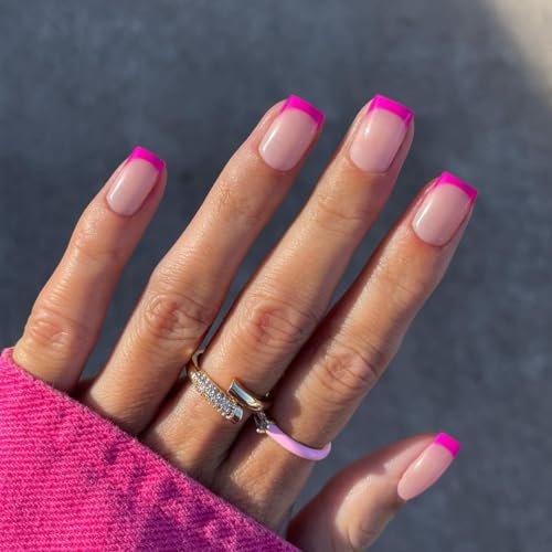 SXVME 30 Pcs Hot Pink French Tip Press on Nails Short Square Nails Press ons, Short Fake Nails Coffin Acrylic French Glue on Nail False for Women, Natural 15 Sizes - color: square hot pink