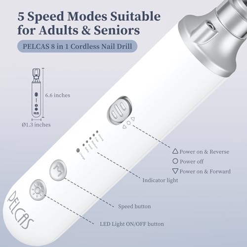 PELCAS Electric Nail Filer, Cordless Nail Drill with LED Light & 5 Speeds - color: Silver