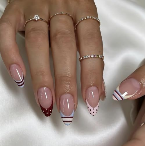 Medium Almond Press on Nails - Polka Dot, Striped - color: Color-30