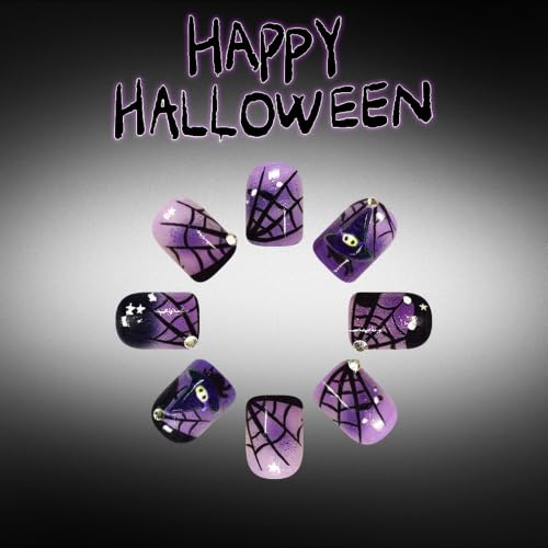 Purple Halloween Press On Nails, Short Square Spiderweb Witch Hat Design - color: style 25