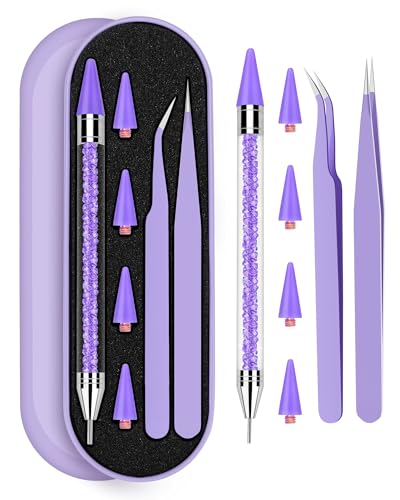 Rhinestone Picker Tool Set,Rhinestone Applicator Tool,Rhinestone Picker Dotting With 4 Extra Purple Replaceable Wax Head and 2 Tweezer (Purple) - color: Purple
