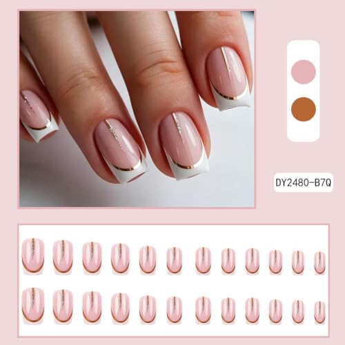 White French Tip Press on Nails Square Medium Fake Nails with Glitter Line Designs Pink Nails Press ons Glossy Glue on Nails Acrylic False Nails Artificial Stick on Nails for Women 24Pcs - color: Glitter Line Designs
