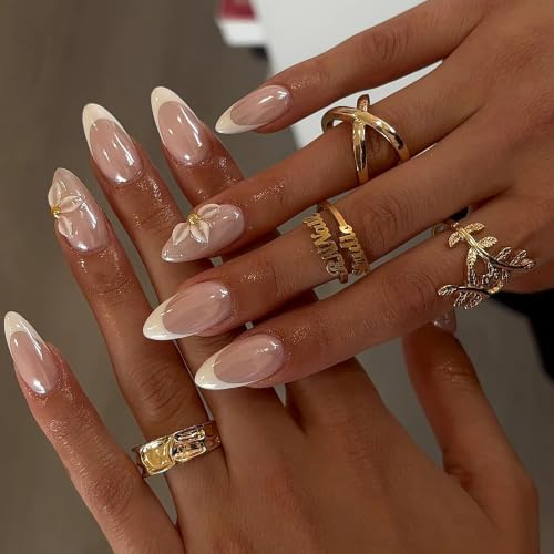Qsnidy Pearlescent Press on Nails - Glazed 3D Flower, Medium Almond - color: Glazed 3D Flower