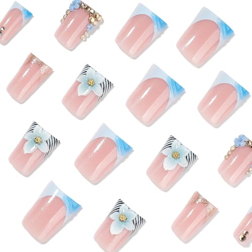 Medium Short Coffin Press On Nails, Blue 3D Flower, 24 Pcs - color: 105-Blush Blue Champagne