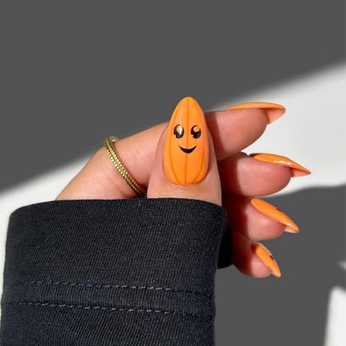 Halloween Pumpkin Press On Nails - Medium Acrylic Almond Shaped Fake Nails, Yellow Glossy False Nails Design, Fall Full Cover Glue On Nails, 24 Pcs - color: Style 10